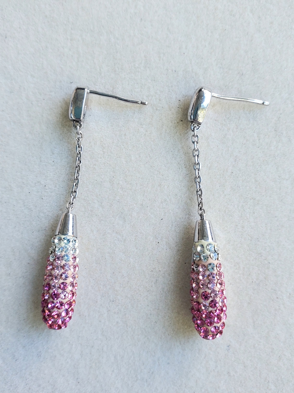 Sterling Silver Chain Drop Earrings with Pink and Clear Crystals